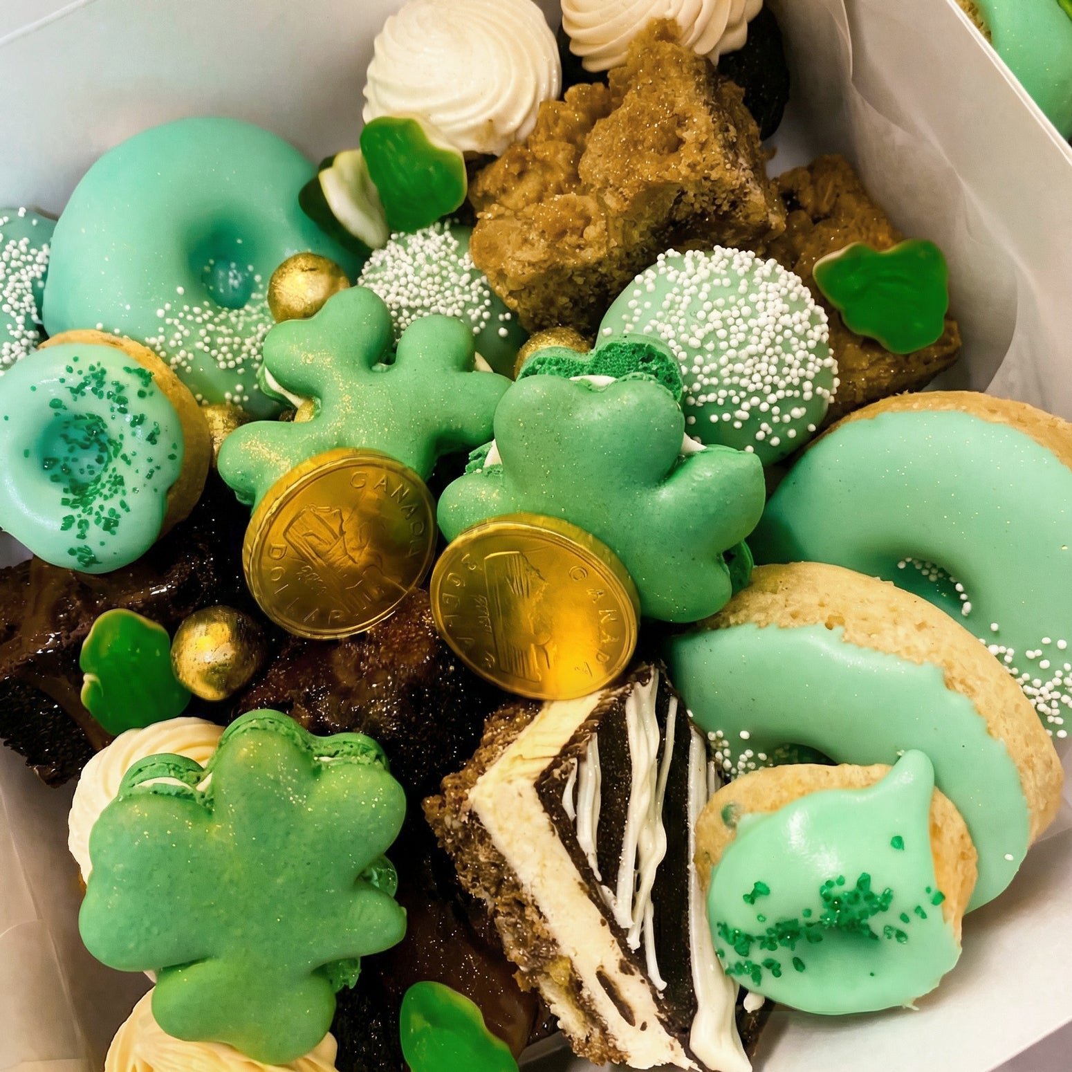 St Patrick’s Day mini desserts inside dessert graze box in festive colours from Whippt Kitchen Calgary