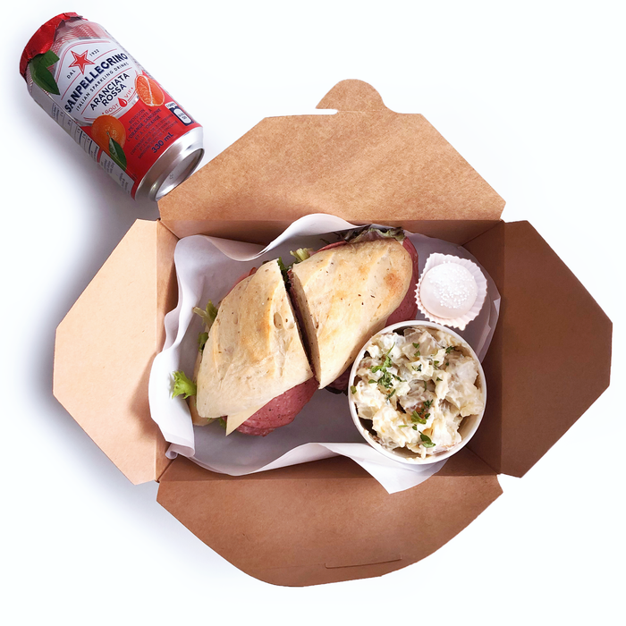 Office catering lunch box with fresh sandwich, salad, dessert and drink, from Whippt Kitchen. Perfect for corporate lunch orders.